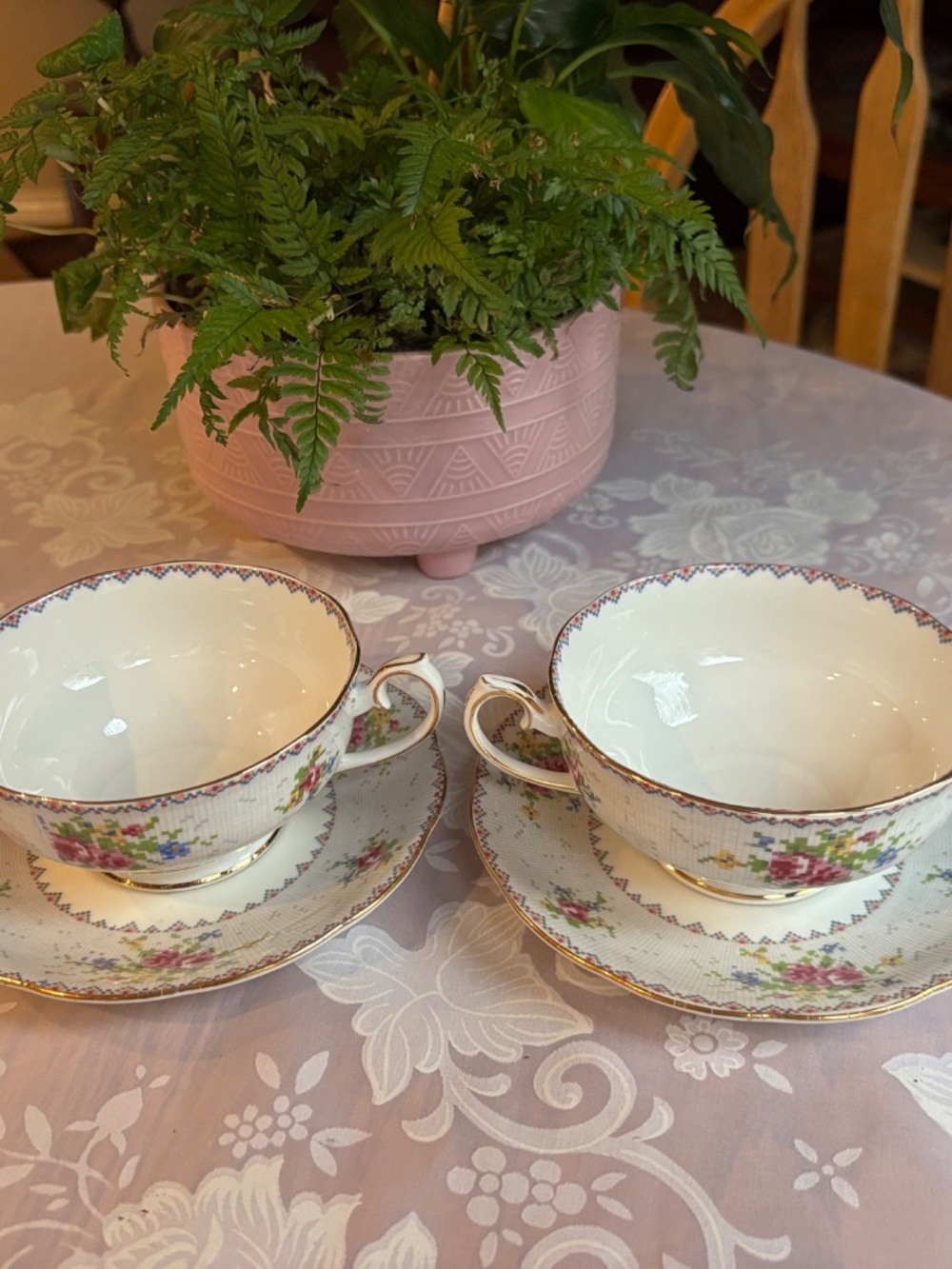 Two Sets Royal Albert Petit Point Cream Soup Bowls with Saucers